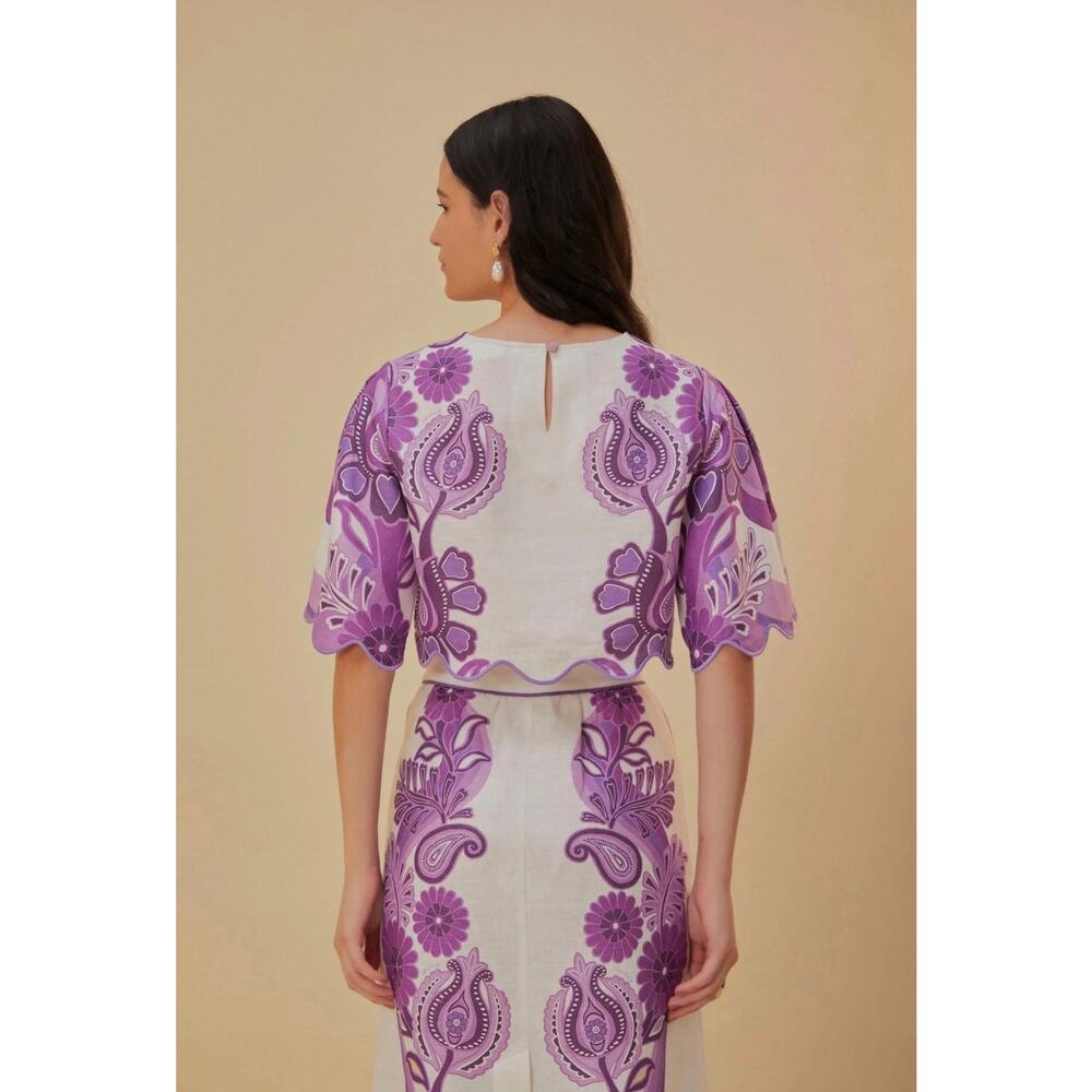 Farm Rio Color Festival Cream Euroflax Crop Blouse AND Midi Skirt Set NWT Large - Picture 4 of 6